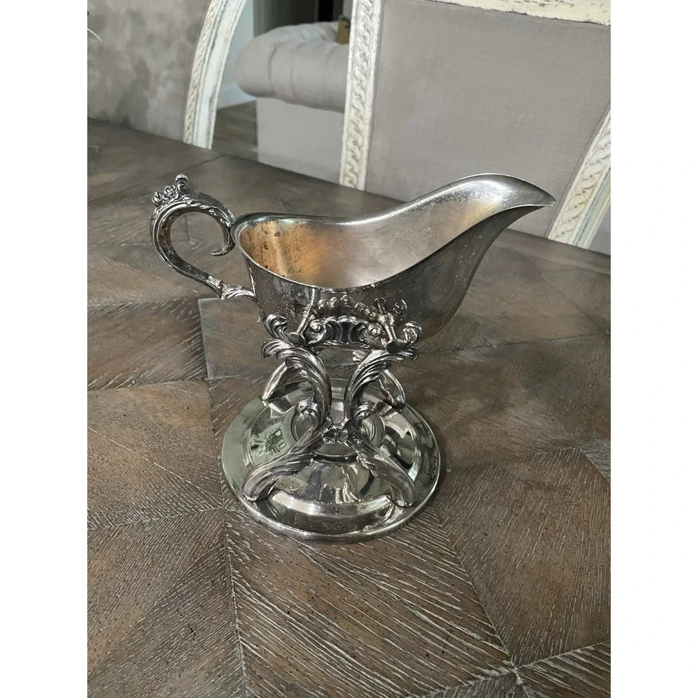 Vintage Ornate Silver‎ Plate Gravy Boat Server Pedestal With Warming Stand